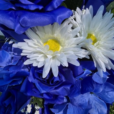Product: Blue Roses Headstone Saddle and Cemetery Cone, White Gerbera Daisies Hydrangeas Cemetery Cone for Cemetery Decoration Garland for Table Centerpiece Holiday Party Weddi