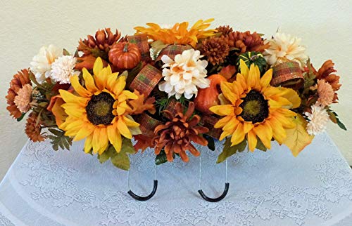 Silky Flower Store Fall Cemetery Saddle Artificial Grave Flowers, Sunflowers Pumpkins, UV Waterproof Silk Florals, 27 x 14 x 10 inches 4 4 Product: Silk Florals & Frills Fall Cemetery Saddle with Pumpkins and Sunflowers, Fall Grave Headstone Flowers