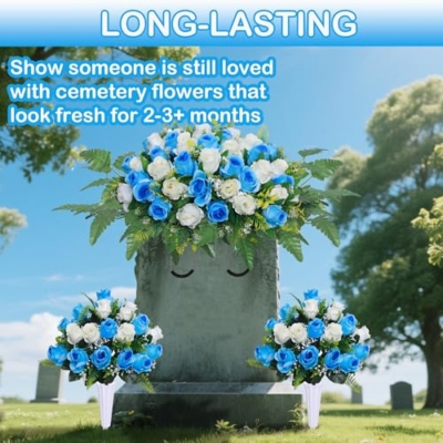 Product: Lodou 3 Pcs Artificial Cemetery Flower Saddles, Rose Headstone Flower Saddle,Cemetery Memorial Flowers with Vase for Outdoor Grave Tombstone Decorations ﻿ (Blue White)