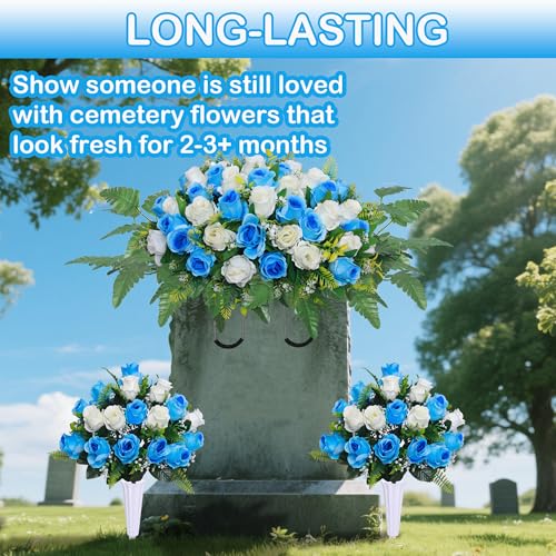 Product: Lodou 3 Pcs Artificial Cemetery Flower Saddles, Rose Headstone Flower Saddle,Cemetery Memorial Flowers with Vase for Outdoor Grave Tombstone Decorations ﻿ (Blue White)