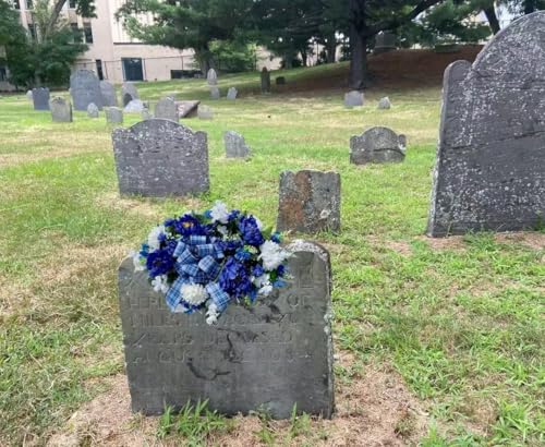 Product: Jucgghk Vivid and Realistic Floral Art 36" Blue and White with Bow Cemetery Saddle,Artificial Cemetery Flower Saddles for Graves,Outdoor Tombstone Headstone Decorations