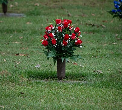 Product: Sympathy Silks Artificial Cemetery Flowers - Mothers Day Memorial Flowers - Outdoor Grave Flower Decorations - 30 Stems Ruby Red Roses