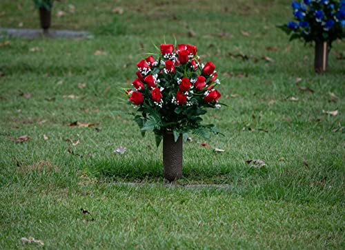 Product: Sympathy Silks Artificial Cemetery Flowers - Mothers Day Memorial Flowers - Outdoor Grave Flower Decorations - 30 Stems Ruby Red Roses