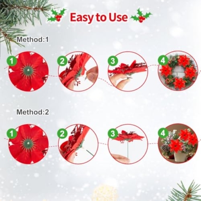 Product: SPORTYOUTH 3ft x 50ft Fence Privacy Screen Green and 30 Pcs Red Poinsettia Artificial Christmas Flowers with Clips Stems