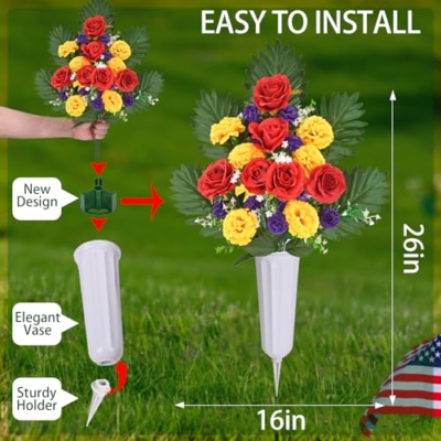 Silky Flower Store Artificial Cemetery Flowers with Vase, Headstone Saddle, Red Rose Yellow Carnation Memorial Décor, 28 x 11 in 7 7 Product: 3 Sets Artificial Cemetery Flowers for Grave, Realistic Cemetery Flowers with Vase, Headstone Flower Saddle, Rose Carnation Flowers for Memorial Cemetery Grave Tombstone Decorations