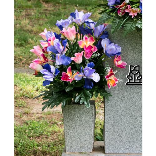 Product: Sympathy Silks Artificial Cemetery Flowers – Realistic Vibrant Tulips, Outdoor Grave Decorations - 1 Cream Pink Tulip Purple Iris Bouquet
