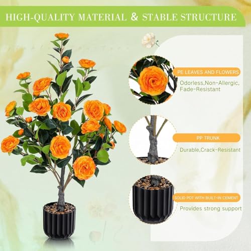 Product: Enhance Your Space with Lifelike Artificial Camellia Tree Set (2-Pack) – Vibrant Orange Blooms, Greenery in Pot for Indoor/Outdoor Decor, Modern Office & Home Accents