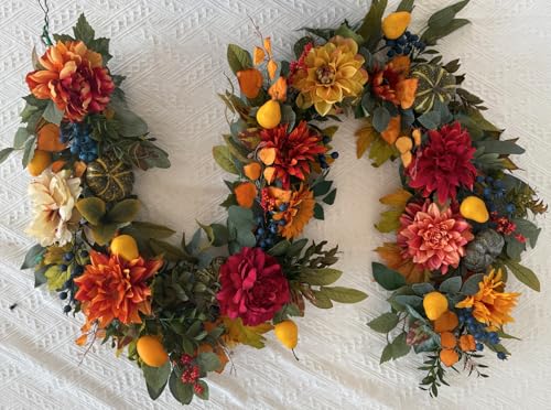 Pinkpuii Fall Garland- 9 FT Fall Leaves Garland with Realistic Pumpkins, Vibrant Dahlia Peony Flowers,Pear,Blueberries and Eucalyptus & Maple Leaves for Fireplace,Table Centerpiece,Thanksgiving Decor - Artificial Flower Arrangements Product: Pinkpuii Fall Garland- 9 FT Fall Leaves Garland with Realistic Pumpkins, Vibrant Dahlia Peony Flowers,Pear,Blueberries and Eucalyptus & Maple Leaves for Fireplace,Table Centerpiece,Thanksgiving Decor
