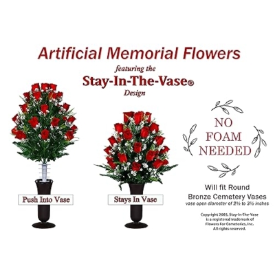 Product: Sympathy Silks Artificial Cemetery Flowers - Mothers Day Memorial Flowers - Outdoor Grave Flower Decorations - 30 Stems Ruby Red Roses