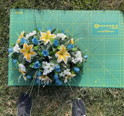 Product: Jucgghk Vivid and Realistic Floral Art 24" Artificial Cemetery Flowers Saddle,Cemetery Grave Decoration Headstone Flower for Outdoor Grave Decorations (Yellow Blue)