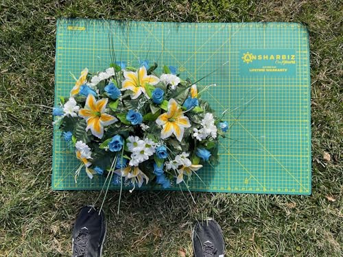 Product: Jucgghk Vivid and Realistic Floral Art 24" Artificial Cemetery Flowers Saddle,Cemetery Grave Decoration Headstone Flower for Outdoor Grave Decorations (Yellow Blue)