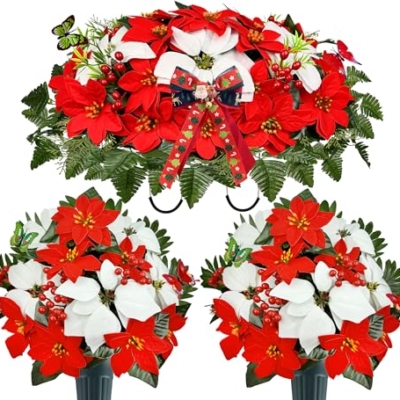 Product: MUVIC Artificial Christmas Cemetery Flower for Grave,Three-Piece Set: Xmas Headstone Flower Saddle and 2 Poinsettia Bouquets,Easy Fit and Colorfast