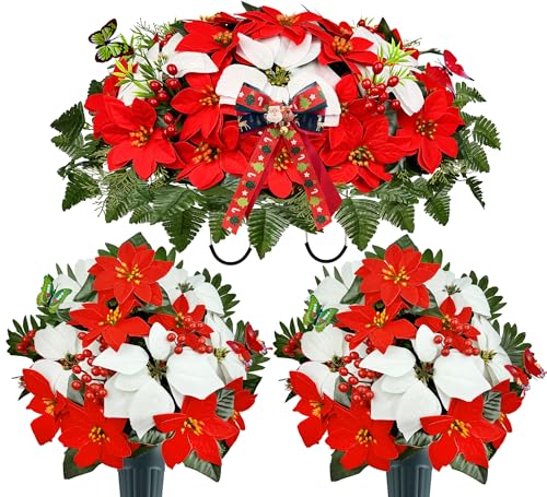 Product: MUVIC Artificial Christmas Cemetery Flower for Grave,Three-Piece Set: Xmas Headstone Flower Saddle and 2 Poinsettia Bouquets,Easy Fit and Colorfast