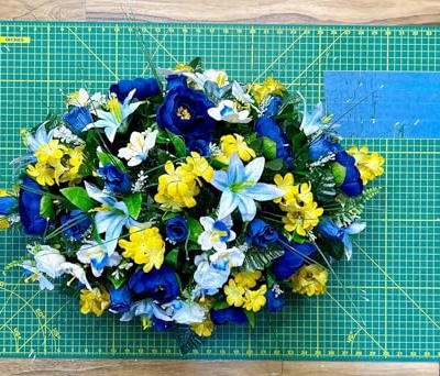 Product: Jucgghk Vivid and Realistic Floral Art 30" Artificial Cemetery Flowers,Realistic Vibrant Flowers, Outdoor Grave Decorations for Headstone(Yellow,Blue)