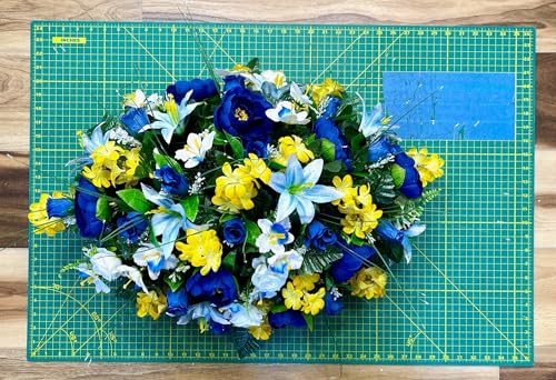 Product: Jucgghk Vivid and Realistic Floral Art 30" Artificial Cemetery Flowers,Realistic Vibrant Flowers, Outdoor Grave Decorations for Headstone(Yellow,Blue)