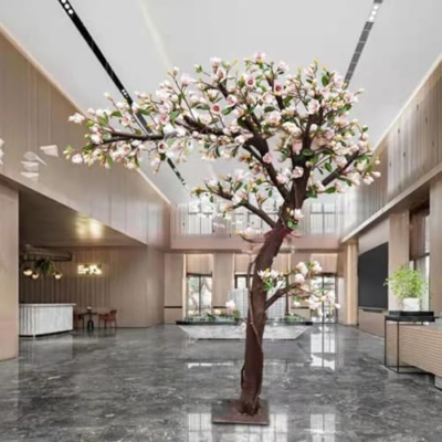 Product: Simulated Magnolia Flowers, Large Artificial Trees and Plants Hotel Interior Living Room Floor-to-Ceiling Window Decoration Floral Customization 1.5M