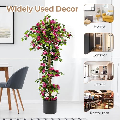 Product: 63" /5.2FT Bougainvillea Artificial with Planter, Faux Silk Flower Plant in Pot with 577 Flowers, 299 Leaves, Indoor Outdoor Artificial Bougainvillea for Home, Office and Garden Decor,B