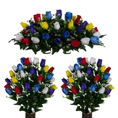 Product: Jucgghk Vivid and Realistic Floral Art Multi Color Rose Bud Cemetery Saddle and Flower Arrangement Set,Artificial 1 Saddle and 2 Bouquets for Gravesite(NO VASE)