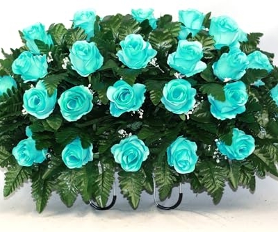 Product: Hshan Elegant Turquoise Roses Cemetery Flower Arrangement, Beautiful Artificial Flowers for Gravesite Cemetery Headstone Saddle