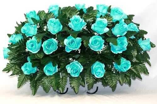 Product: Hshan Elegant Turquoise Roses Cemetery Flower Arrangement, Beautiful Artificial Flowers for Gravesite Cemetery Headstone Saddle