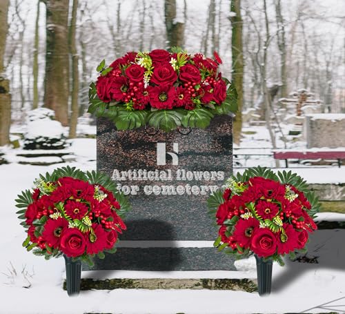 Product: HENOMO Velvet Cemetery Flower Saddle for Grave Decorations,Headstone Flower Saddle-Red Rose Mum and Berry-Non-Bleed Colors