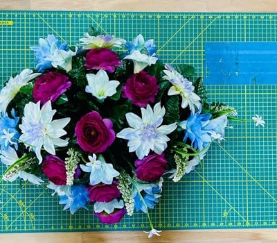 Product: Jucgghk Vivid and Realistic Floral Art 30" Blue and Purple Cemetery Saddle, Artificial Headstone Saddle for Outdoor Gravestone Decorations