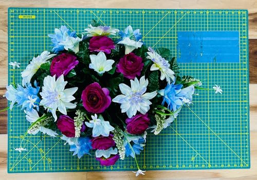 Product: Jucgghk Vivid and Realistic Floral Art 30" Blue and Purple Cemetery Saddle, Artificial Headstone Saddle for Outdoor Gravestone Decorations