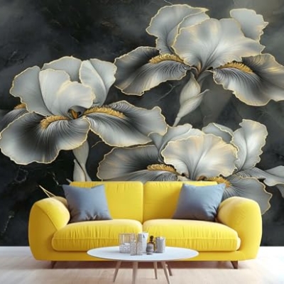 Product: Gray Iris Wall Mural Vintage Dark Floral Mural 3D Luxury Floral Wallpaper for Living Room Vintage Tropical Flower Murals Green Botanical Murals for Bedroom 169.3" x 118.2"