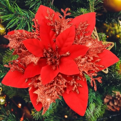Product: SPORTYOUTH 3ft x 50ft Fence Privacy Screen Beige and 30 Pcs Red Poinsettia Artificial Christmas Flowers with Clips Stems