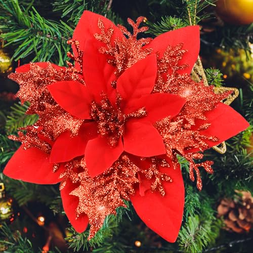 Product: SPORTYOUTH 3ft x 50ft Fence Privacy Screen Green and 30 Pcs Red Poinsettia Artificial Christmas Flowers with Clips Stems