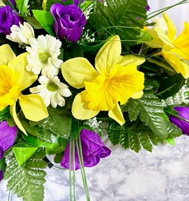 Product: Jucgghk Vivid and Realistic Floral Art Durable Purple and Yellow Headstone Cemetery Saddle, 22-24” Cemetery Flower Arrangement,Cemetery Memorial Flowers for Grave Tombstone Decorations