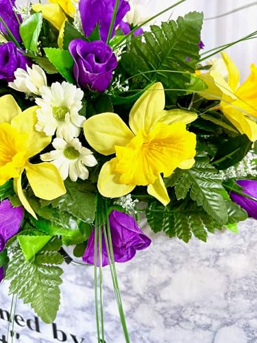 Product: Jucgghk Vivid and Realistic Floral Art Durable Purple and Yellow Headstone Cemetery Saddle, 22-24” Cemetery Flower Arrangement,Cemetery Memorial Flowers for Grave Tombstone Decorations