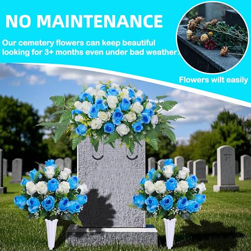 Silky Flower Store Artificial Cemetery Flower Saddle with Vase, Grave Memorial Blue White Rose Bouquet, 27in x 17in x 7.5in 2 2 Product: Artificial Cemetery Flower Saddles, Cemetery Memorial Flowers with Vase,Outdoor Grave Saddle Headstone Decorations, Artificial Rose Bouquet Grave Memorial Flowers (Blue White)