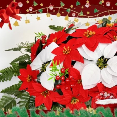 Product: MUVIC Artificial Christmas Cemetery Flower for Grave,Three-Piece Set: Xmas Headstone Flower Saddle and 2 Poinsettia Bouquets,Easy Fit and Colorfast