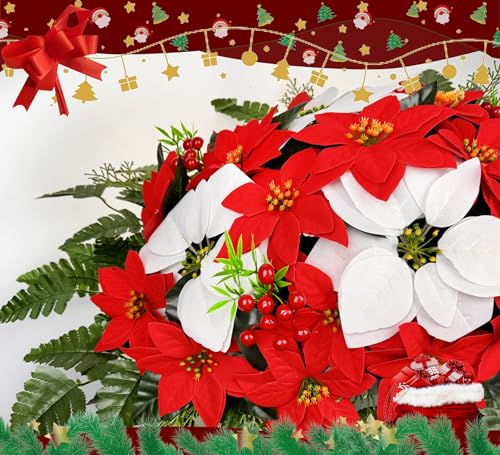 Product: MUVIC Artificial Christmas Cemetery Flower for Grave,Three-Piece Set: Xmas Headstone Flower Saddle and 2 Poinsettia Bouquets,Easy Fit and Colorfast