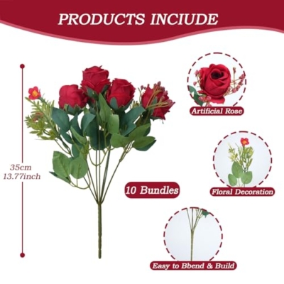 Product: MHMJON 20 Bunches Fake Red Roses 10 Bundles Peonies Artificial Flowers, Pink Silk Peony Flower Bulk Bridesmaid Bouquet for Indoor Home Decor Bedroom Kitchen Office Wedding Party Table Centerpieces