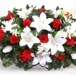 Product: Hshan White Lilies and Red Roses Cemetery Flower Arrangement, Cemetery Headstone Saddle for Cemetery Arrangement, Memorial Flowers Outdoor Memorial Decorations ﻿ Gravesite Flower
