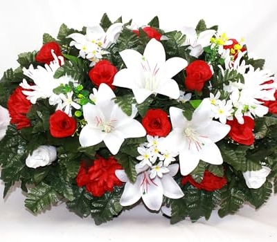 Product: Hshan White Lilies and Red Roses Cemetery Flower Arrangement, Cemetery Headstone Saddle for Cemetery Arrangement, Memorial Flowers Outdoor Memorial Decorations Gravesite Flower