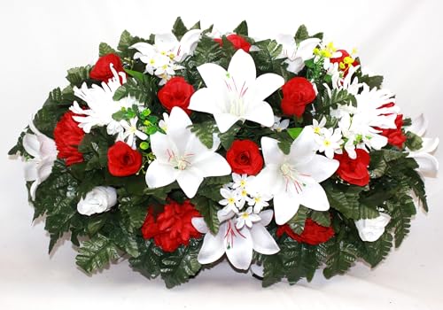 Product: Hshan White Lilies and Red Roses Cemetery Flower Arrangement, Cemetery Headstone Saddle for Cemetery Arrangement, Memorial Flowers Outdoor Memorial Decorations ﻿ Gravesite Flower