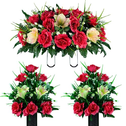 Product: Taozhiyuan Welcome Logo Flowers Cream Pink Amaryllis and Fuchsia Rose Cemetery Saddle and Flowers,Mothers Day Artificial Flowers for Headstone(NO VASE)