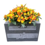 Product: Cemetery Saddle Memorial Decoration - Realistic Silk Faux Floral Artificial Grave Flowers - Orange Yellow Mini Mums for Headstone Decorating
