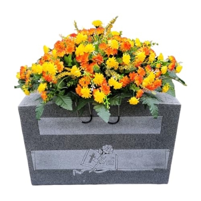 Product: Cemetery Saddle Memorial Decoration - Realistic Silk Faux Floral Artificial Grave Flowers - Orange Yellow Mini Mums for Headstone Decorating