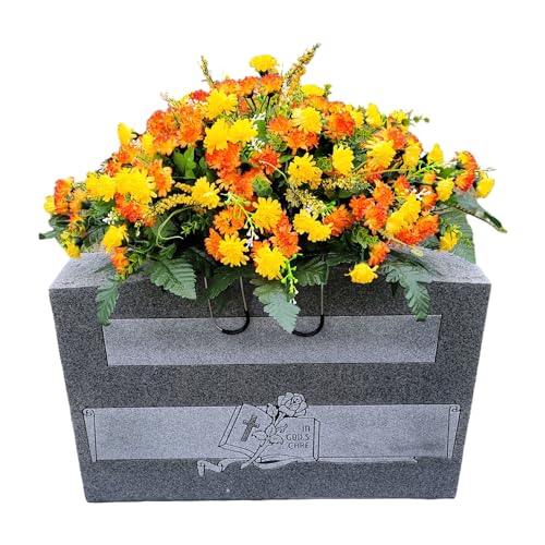 Product: Cemetery Saddle Memorial Decoration - Realistic Silk Faux Floral Artificial Grave Flowers - Orange Yellow Mini Mums for Headstone Decorating