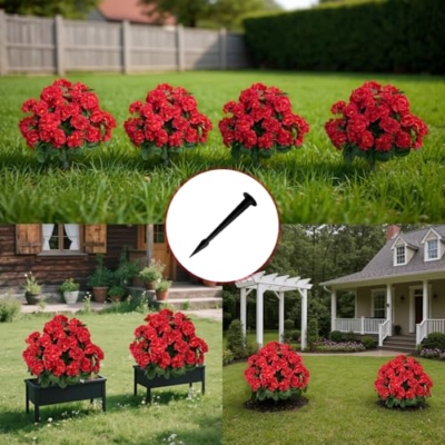 Product: Fuhomtre 2PCS Artificial Begonias Bush with Ground Spike, 24Inch Artificial Outdoor Bushes Evergreen UV Resistant Shrubs- for Outdoor Indoor Front Porch Garden (Red)