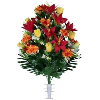 Product: Sympathy Silks Artificial Cemetery Flowers - Gravesite Flowers - Red Lilies with Sunrise Daisies and Yellow Roses - (1) Bouquet