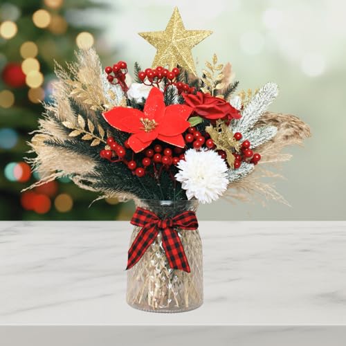 Artificial Flower Arrangements Christmas Centerpieces for Tables, Holiday Table Decor, 100pcs Christmas Floral Arrangements in Vase, Xmas Decorations for Coffee Kitchen Dining Table, Artificial Poinsettia Red Berry Pine Branches 5 5 Product: Christmas Centerpieces for Tables, Holiday Table Decor, 100pcs Christmas Floral Arrangements in Vase, Xmas Decorations for Coffee Kitchen Dining Table, Artificial Poinsettia Red Berry Pine Branches
