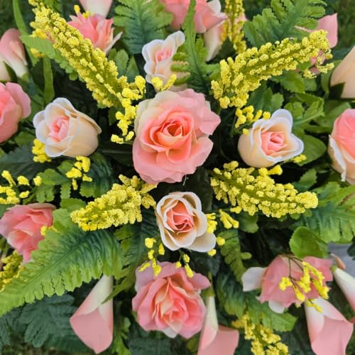 Silky Flower Store Peach Calla Lily Rose Grave Flower Headstone Saddle, Artificial Silk Memorial Garland, 30x22x10in 1 1 Product: Peach Headstone Saddle, Calla Lily and Rose Grave Flowers for Perfect Funeral or Memorial Decoration Garland for Table Centerpiece Holiday Party Weddi