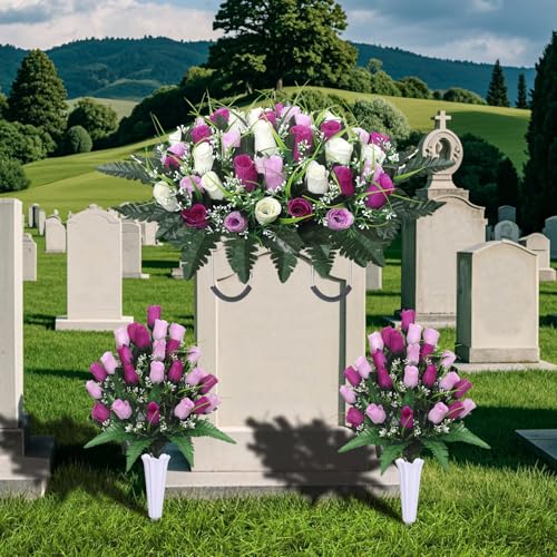 Product: Lodou Artificial Cemetery Flower Saddles for Graves, Cemetery Memorial Flowers with Vase and 2 Memorial Bouquets for Grave Tombstone,Outdoor Grave Saddle Headstone Decorations (Purple White)