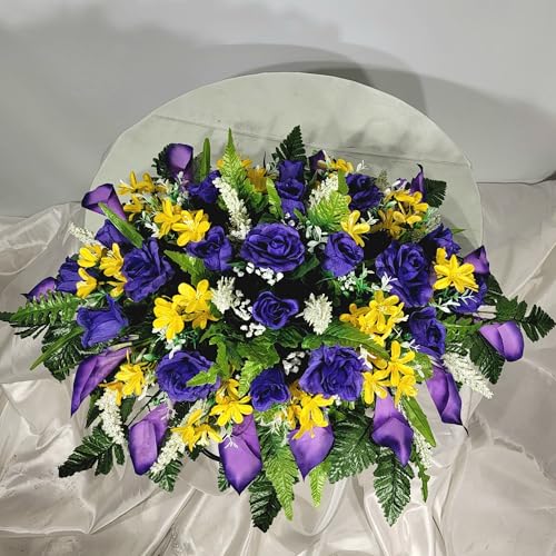 Product: Purple Calla Lilies Headstone Saddle, Roses Yellow Filler Silk Grave Flowers for Perfect Cemetery Decoration Garland for Table Centerpiece Holiday Party Weddi