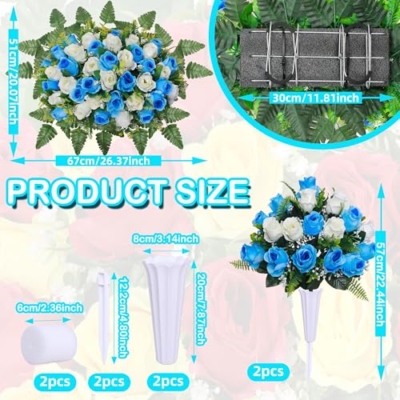 Silky Flower Store Artificial Cemetery Flower Saddle with Vase, Grave Memorial Blue White Rose Bouquet, 27in x 17in x 7.5in 7 7 Product: Artificial Cemetery Flower Saddles, Cemetery Memorial Flowers with Vase,Outdoor Grave Saddle Headstone Decorations, Artificial Rose Bouquet Grave Memorial Flowers (Blue White)